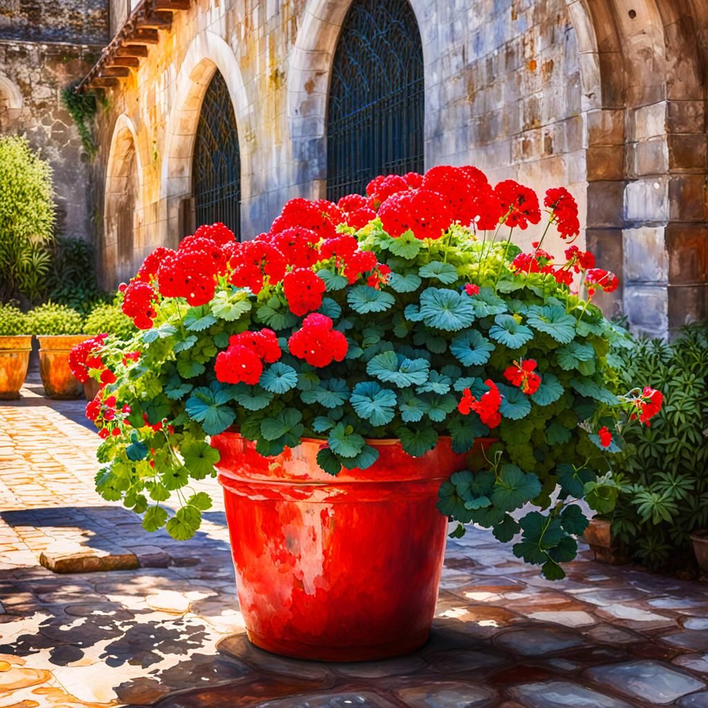 Geranium Pot in Spanish Monastery Garden Watercolor