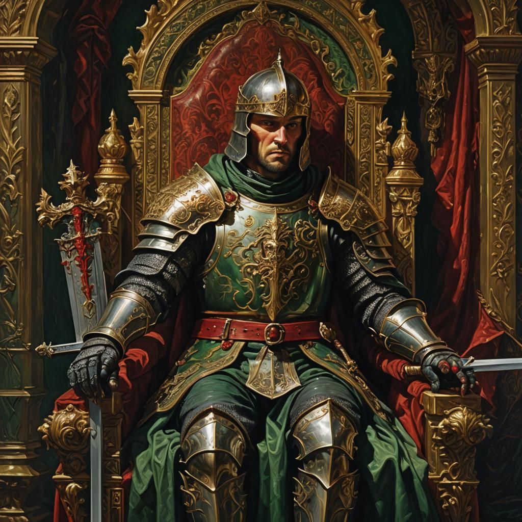 Knight King on Throne with Sword as Oil Painting