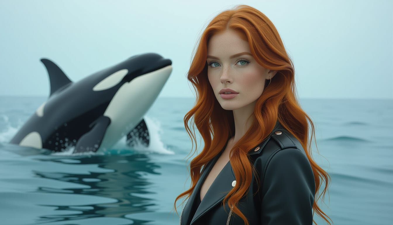 Redhead Model in Streetwear with Killer Whale