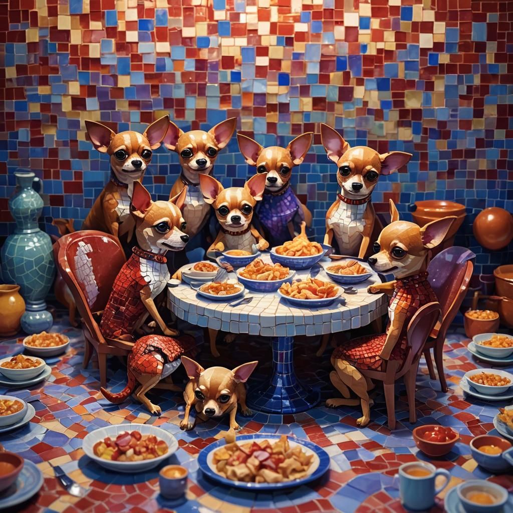 Red Mosaic Chihuahua Family Dinner, Cartoon Art