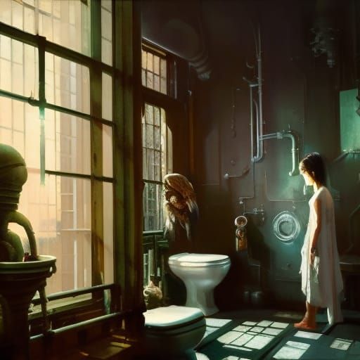 Surreal Giant Bathroom in Noisy Market, Trending Art