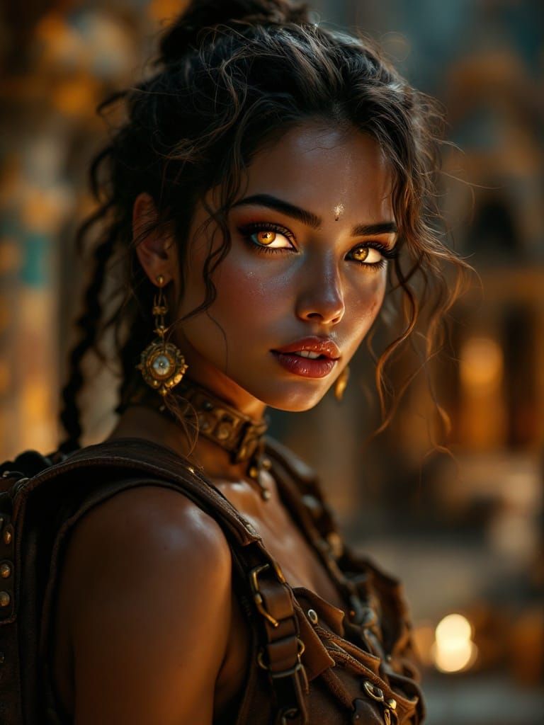 Awe-Struck Explorer in Ancient Temple