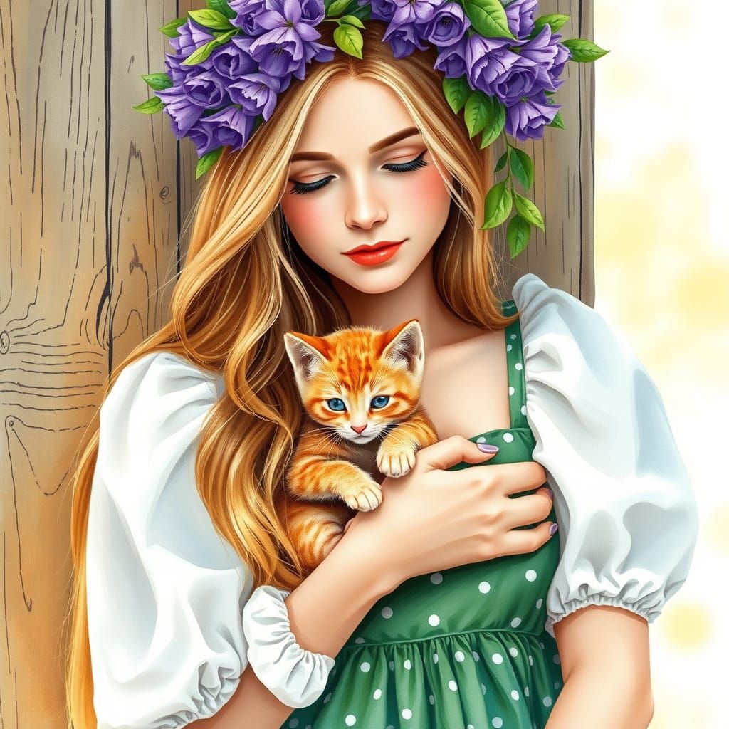 Serene Watercolor Portrait of a Young Woman with a Red Kitte...