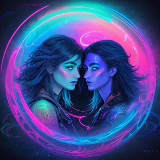 Surreal Couple Embracing in a Neon Dreamscape