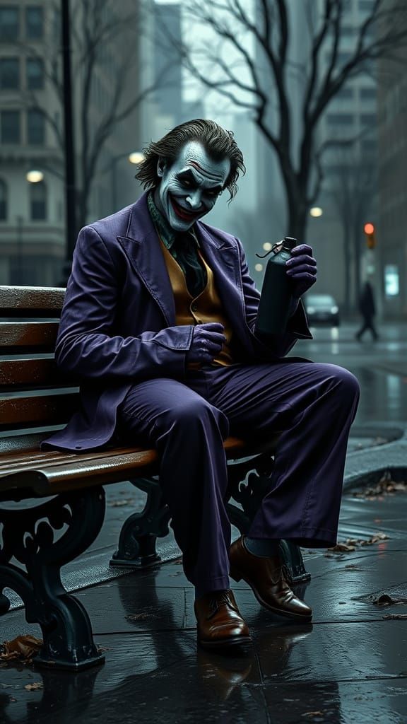 Hyperrealistic Joker with Bomb on Rainy Day