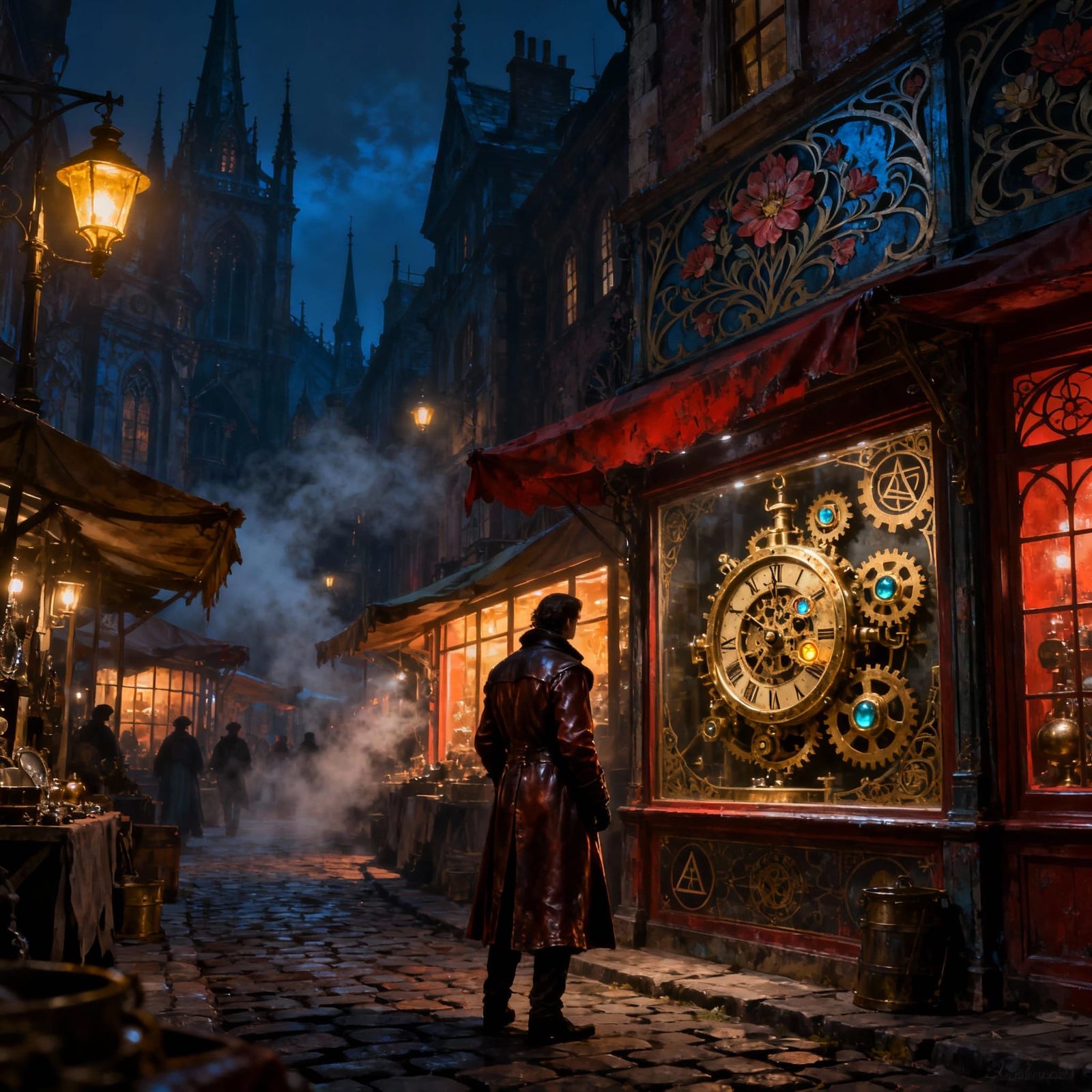 Victorian Night Market with Mysterious Clockwork Device