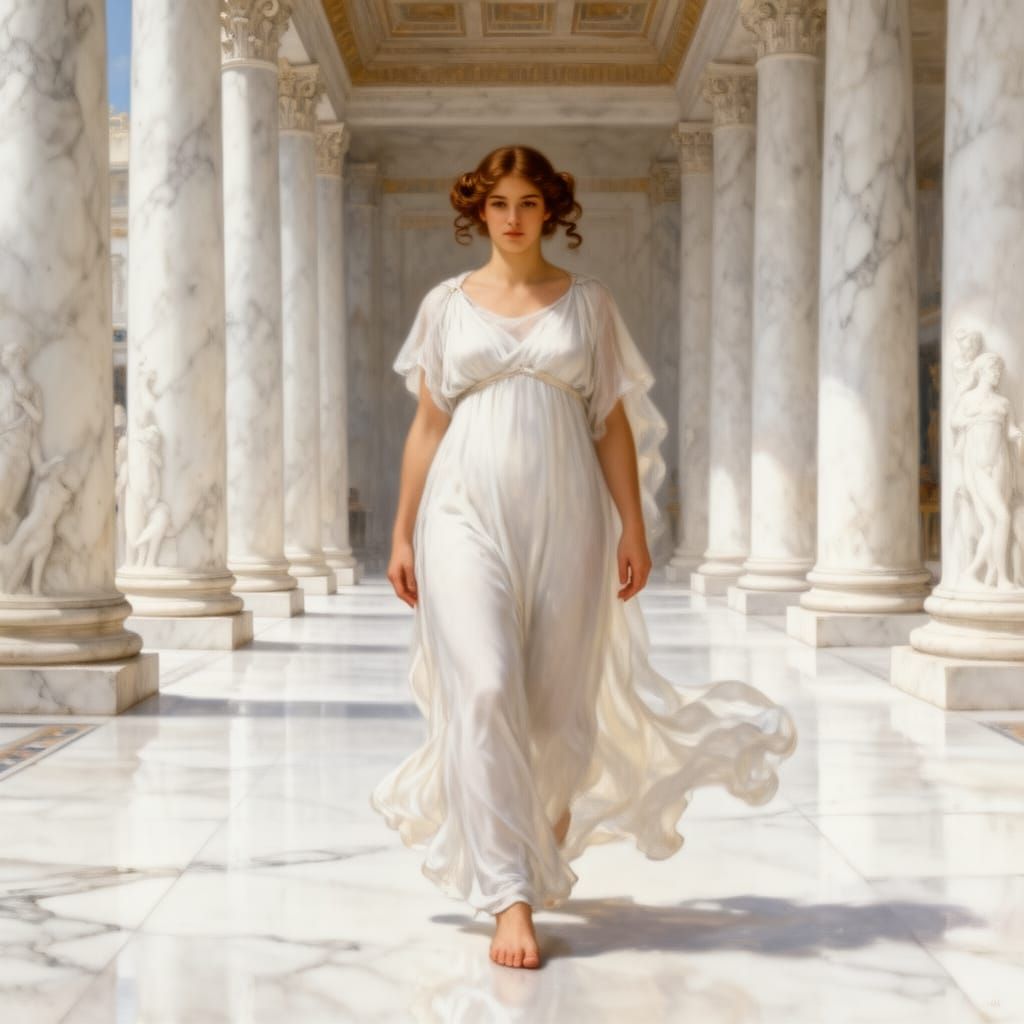 Woman in White Dress in Marble Greek Building