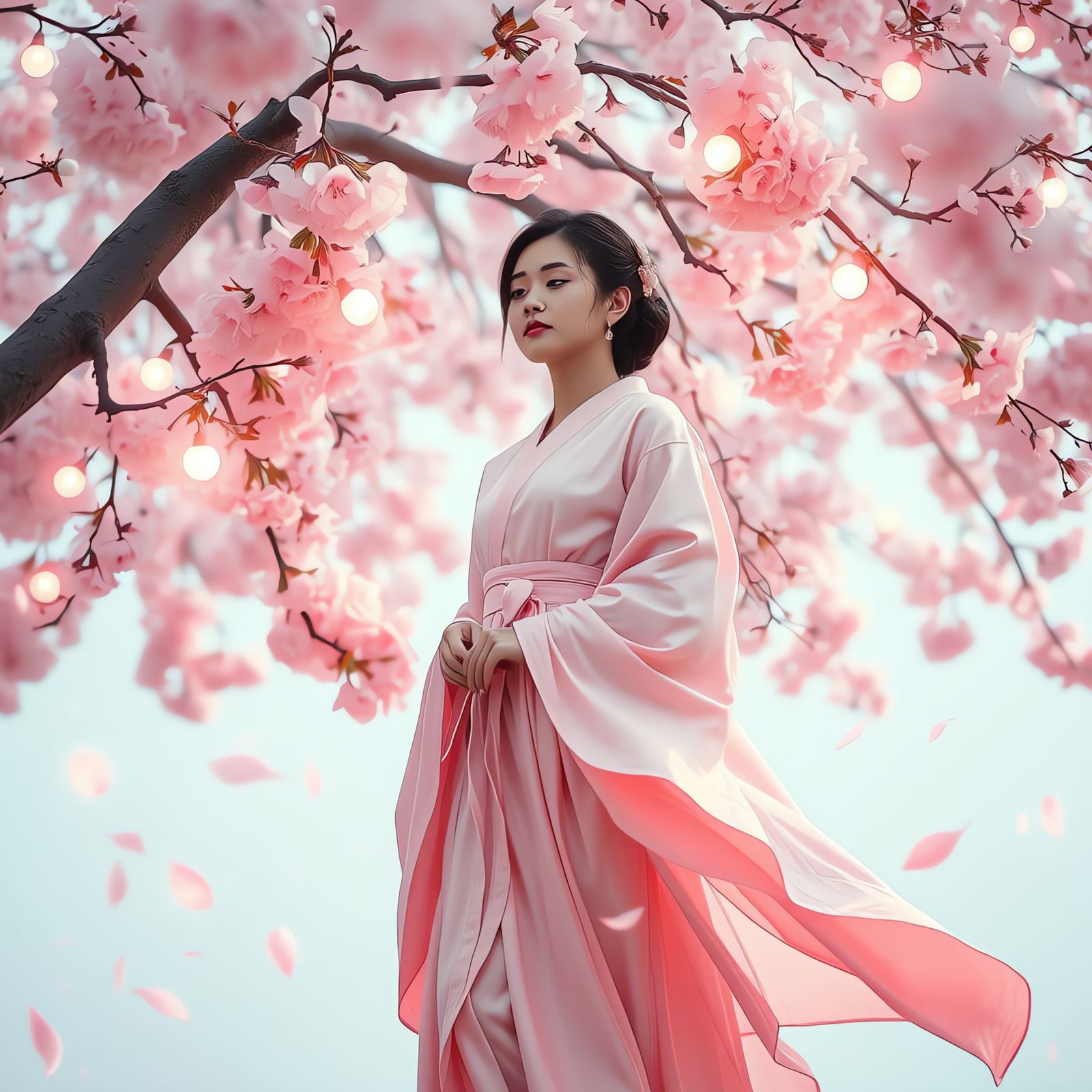 Surreal Cherry Blossom Scene with Glowing Orbs