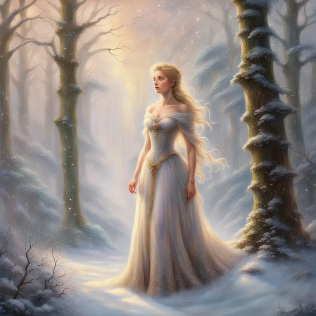 Ethereal Snow Forest Princess in Kinkade Style