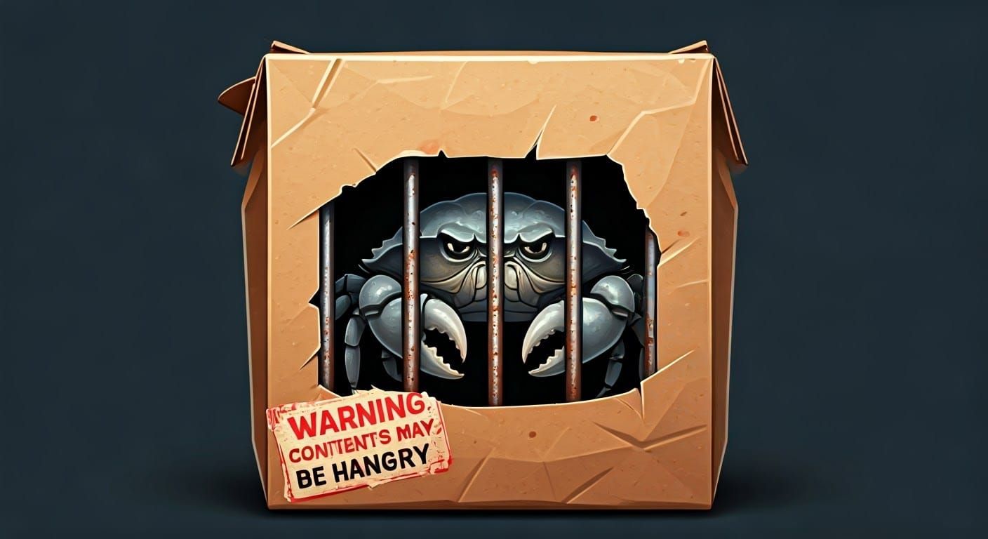 Humorous Crab Behind Bars in Cartoon Realism