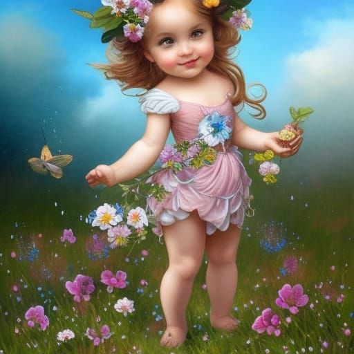 Chibi Bunny in a Rainy Flower Field