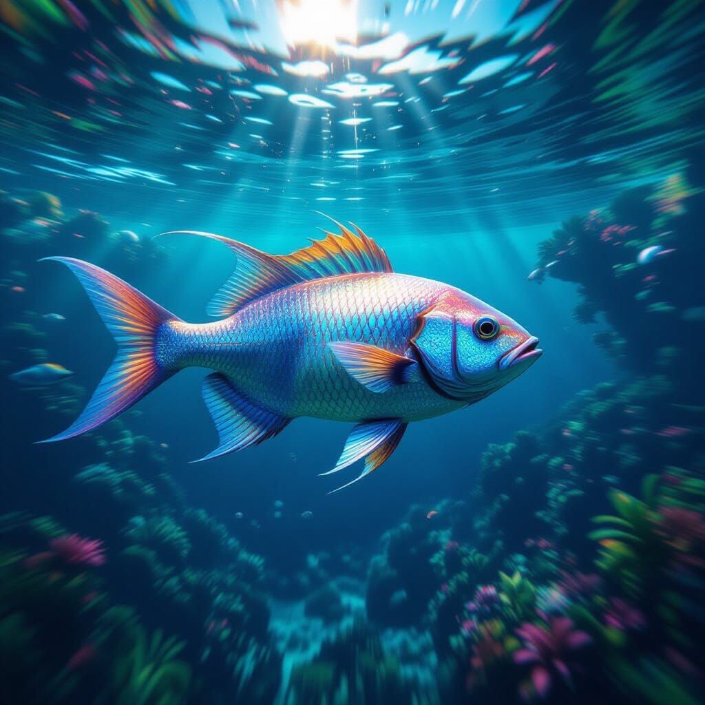 Giant Iridescent Fish in Lush Aquarium with Motion Blur