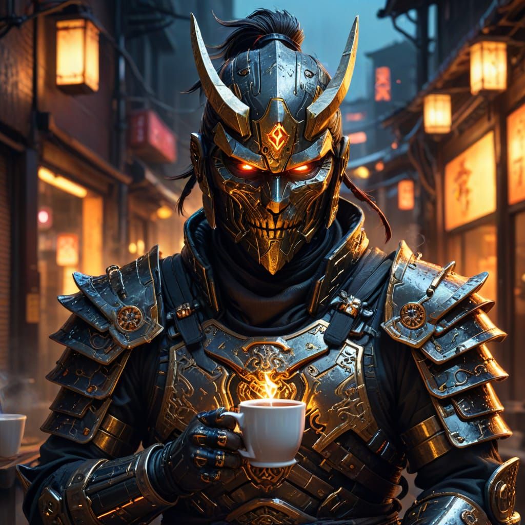 Cyberpunk Samurai in Dark Alleyway Savoring Coffee