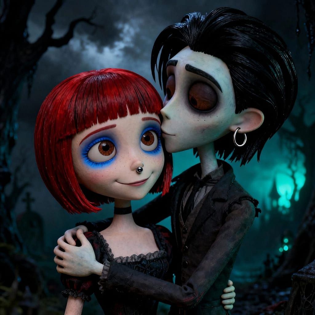 Gothic Romance Couple in Tim Burton Style Illustration