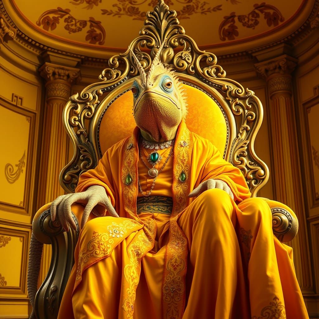 Regal Chameleon in Golden Velvet Robes, Surrounded by Vibran...