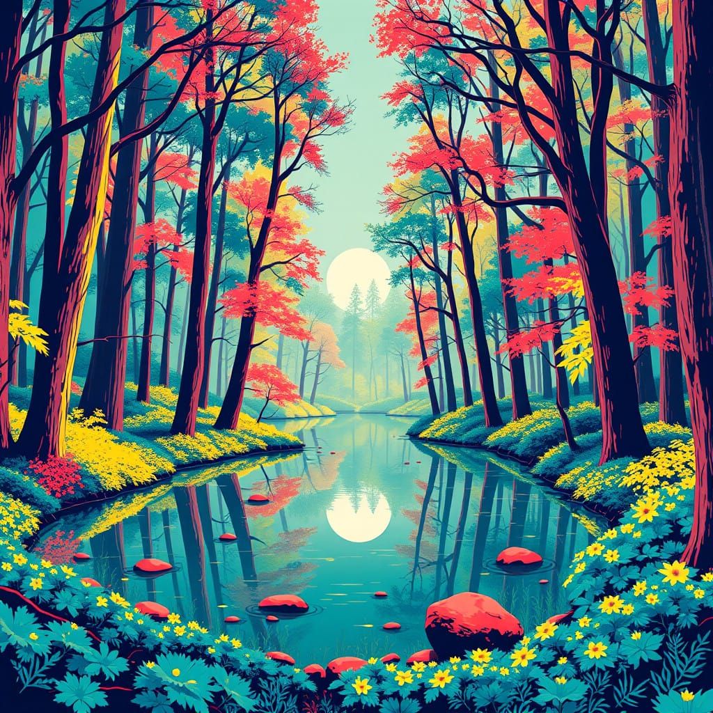 Vibrant Retro Forest Landscape in Pop Art Style
