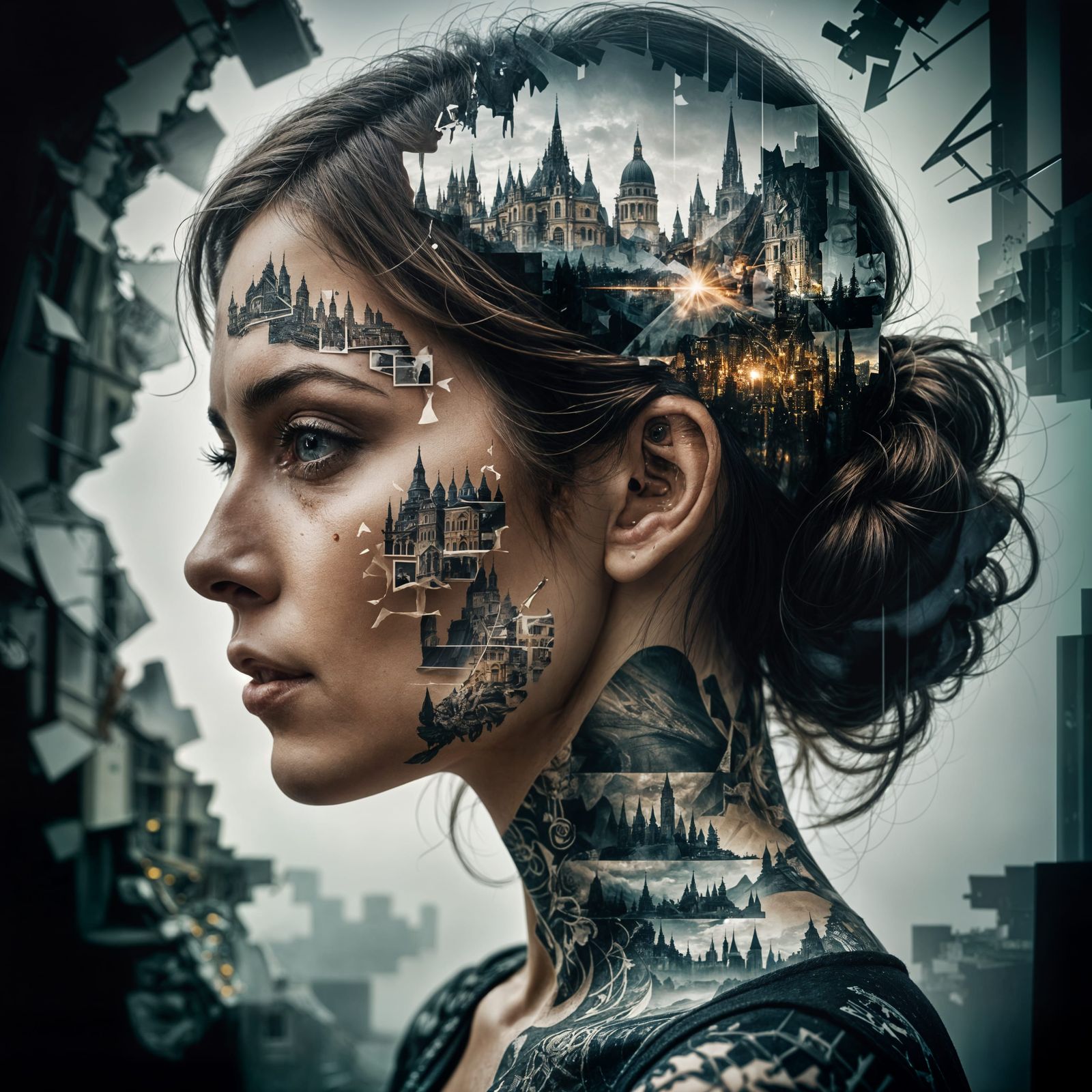 Hyperrealistic Double Exposure Art of a Woman in a Dark Atmo...