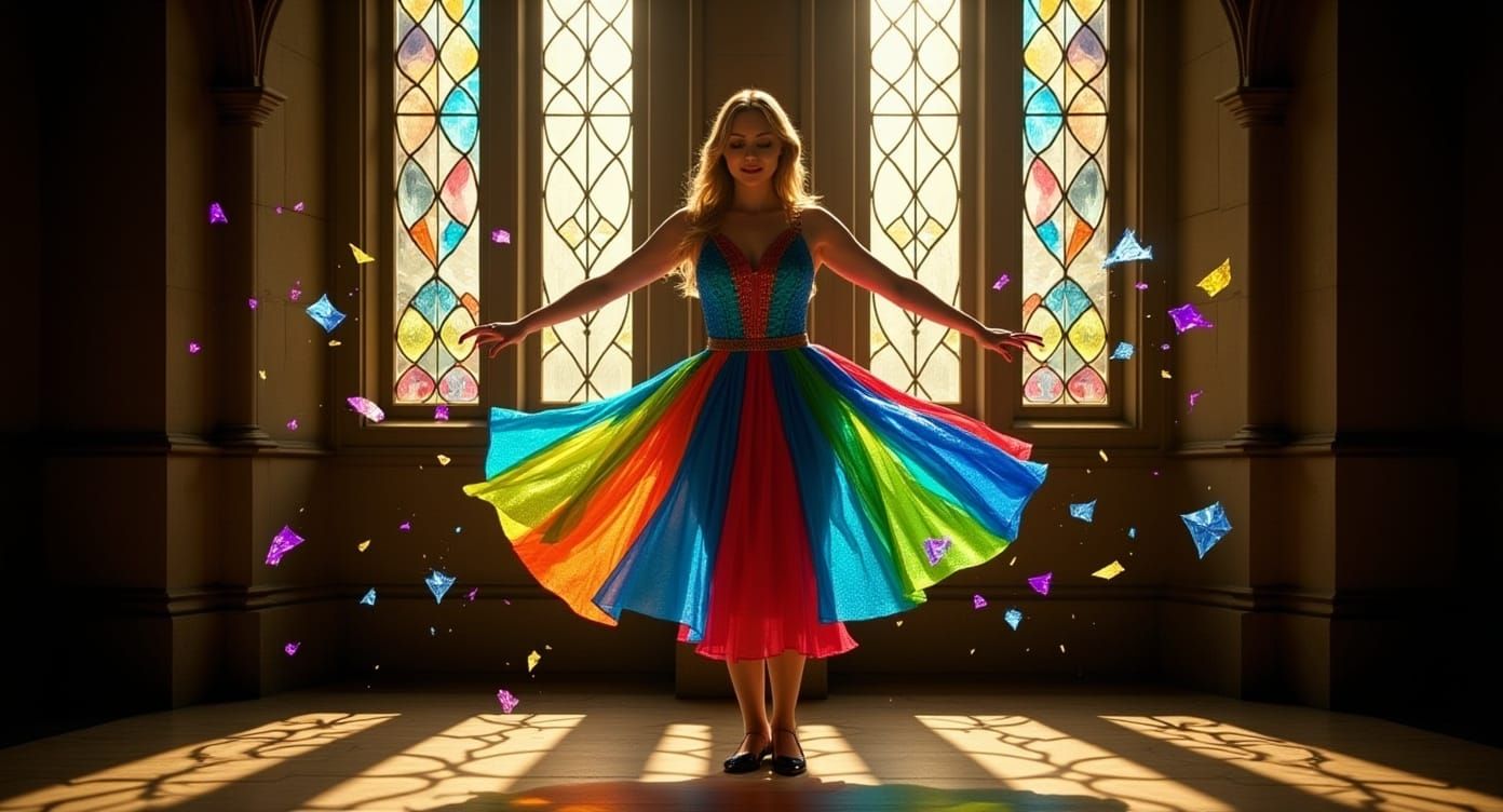 Woman in Stained Glass Dress Dances in Church
