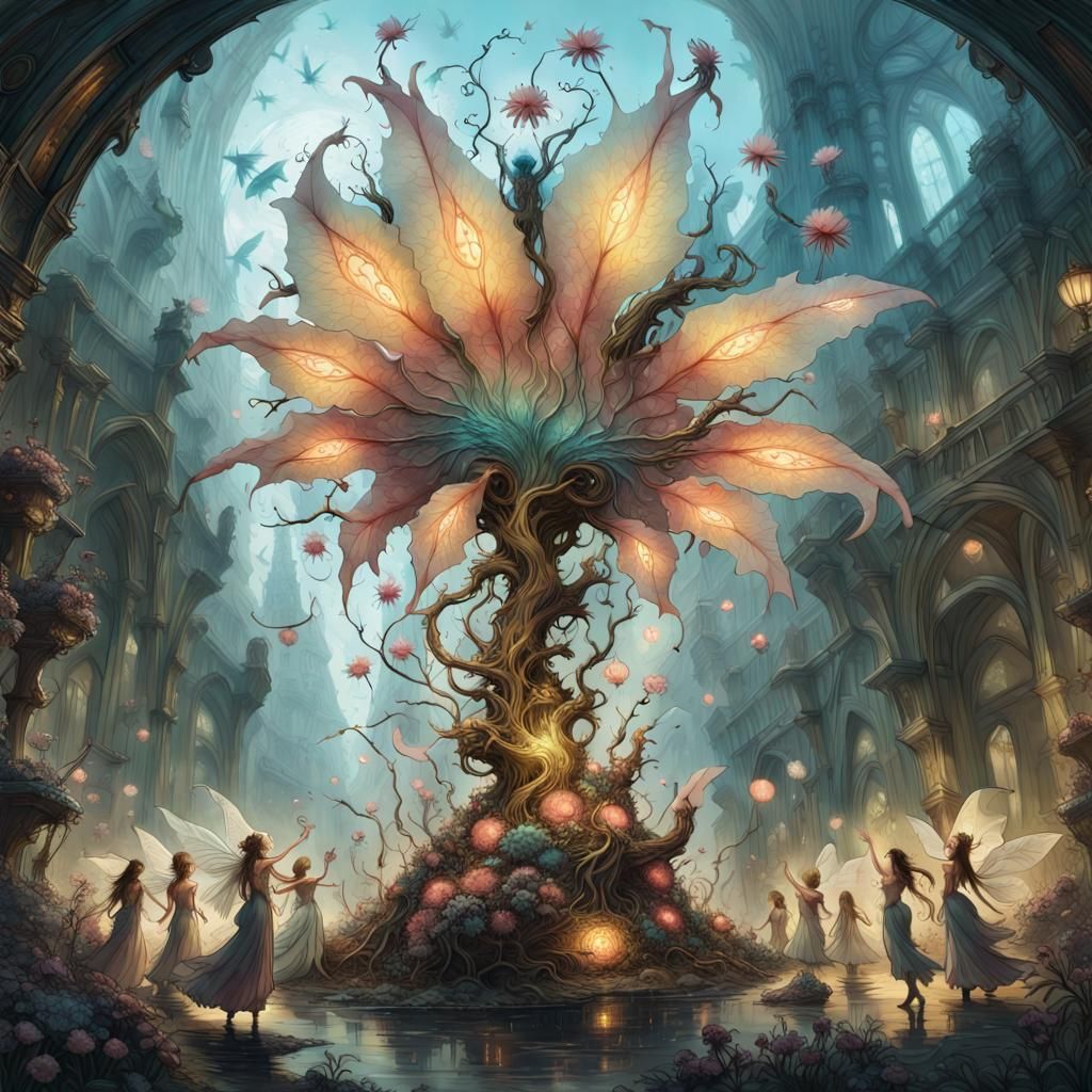 Fairies Dancing Around Magic Flower, Fantasycore Art