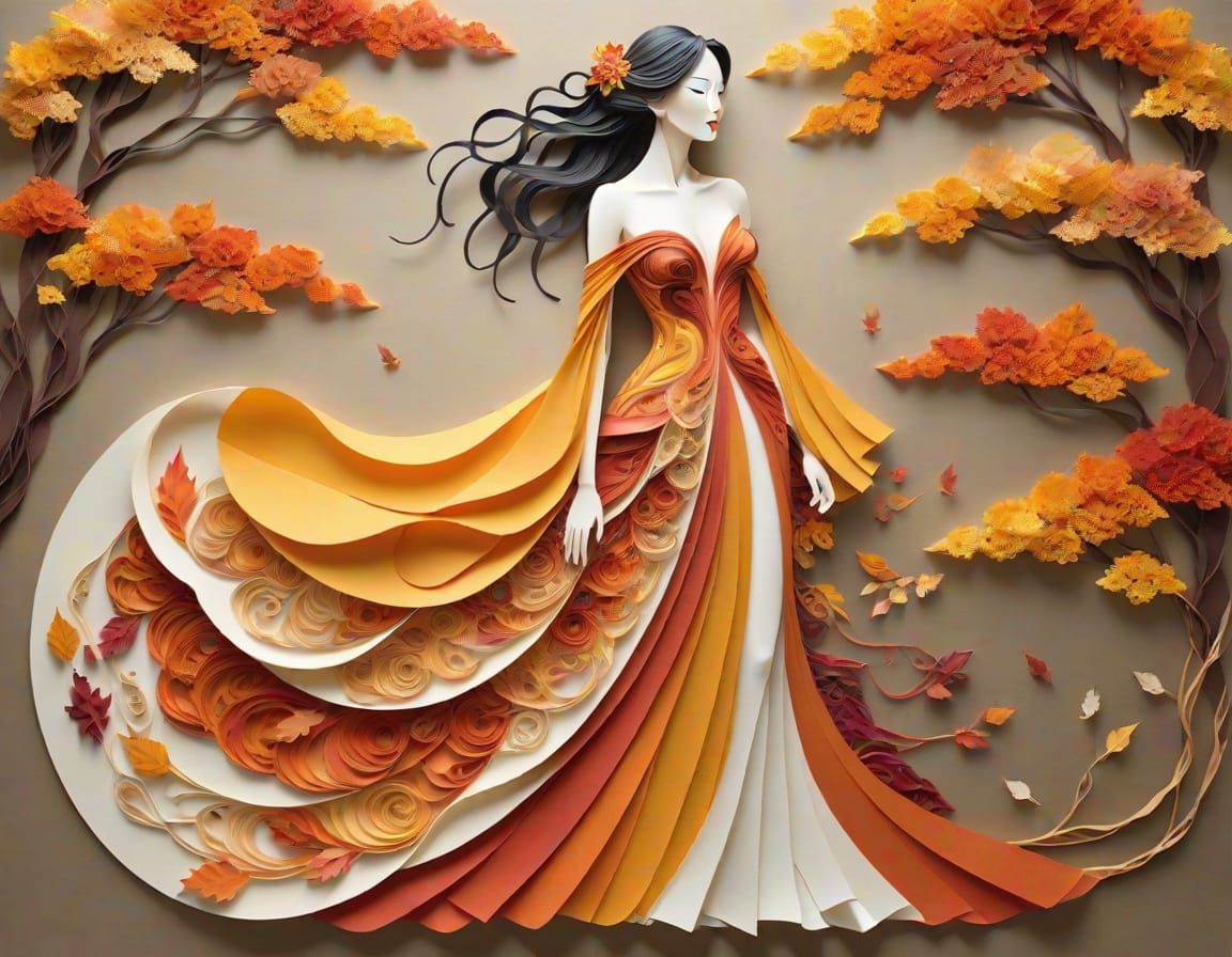 Fall Goddess in Flowing Gown, Kirigami Collage Art