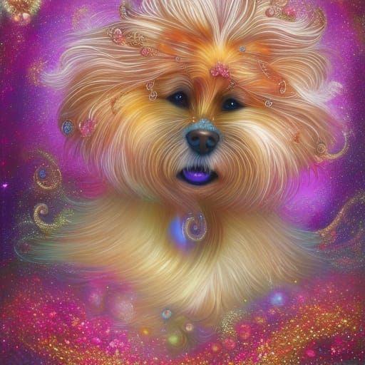 Golden Fractal Dog in Digital Oil Painting Style