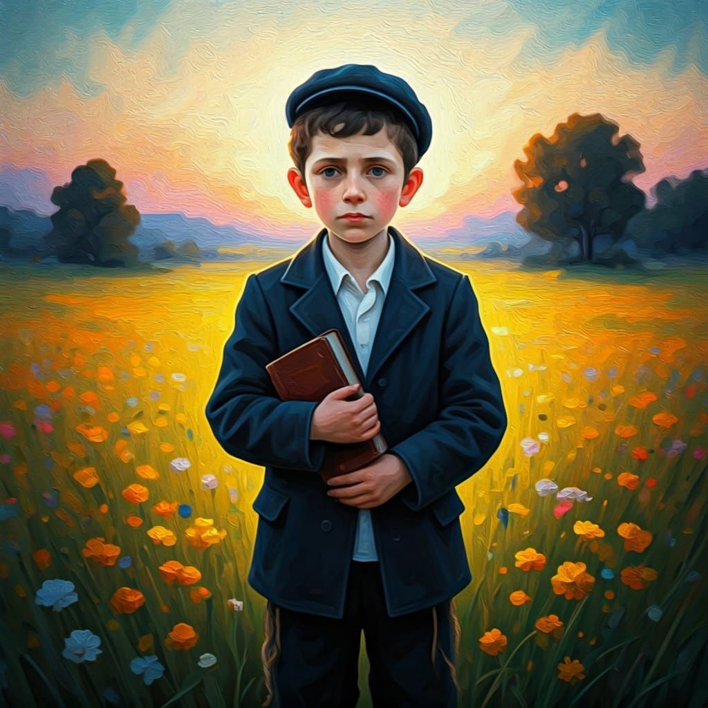 Hasidic Boy in Wildflower Field: Impressionistic Sunset