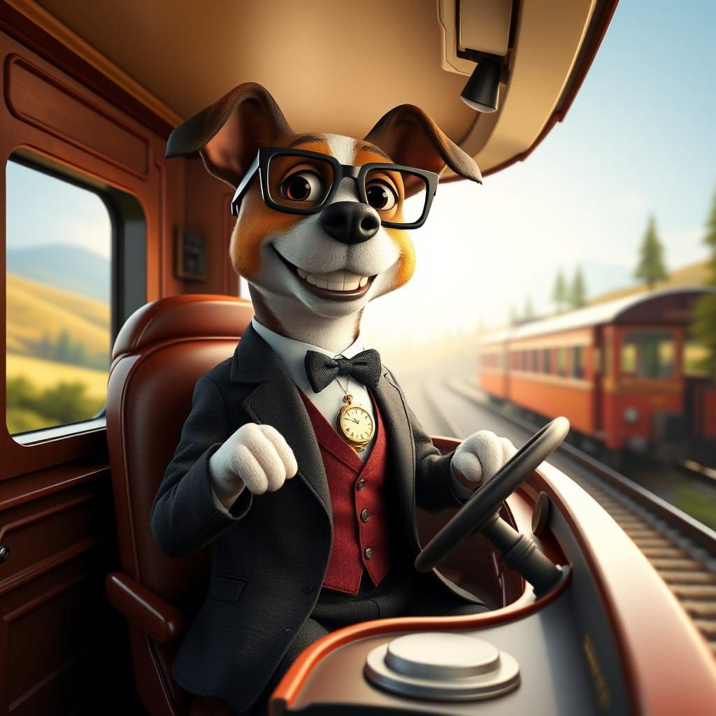 Dapper Dog Conductor Cruises Whimsical Railway