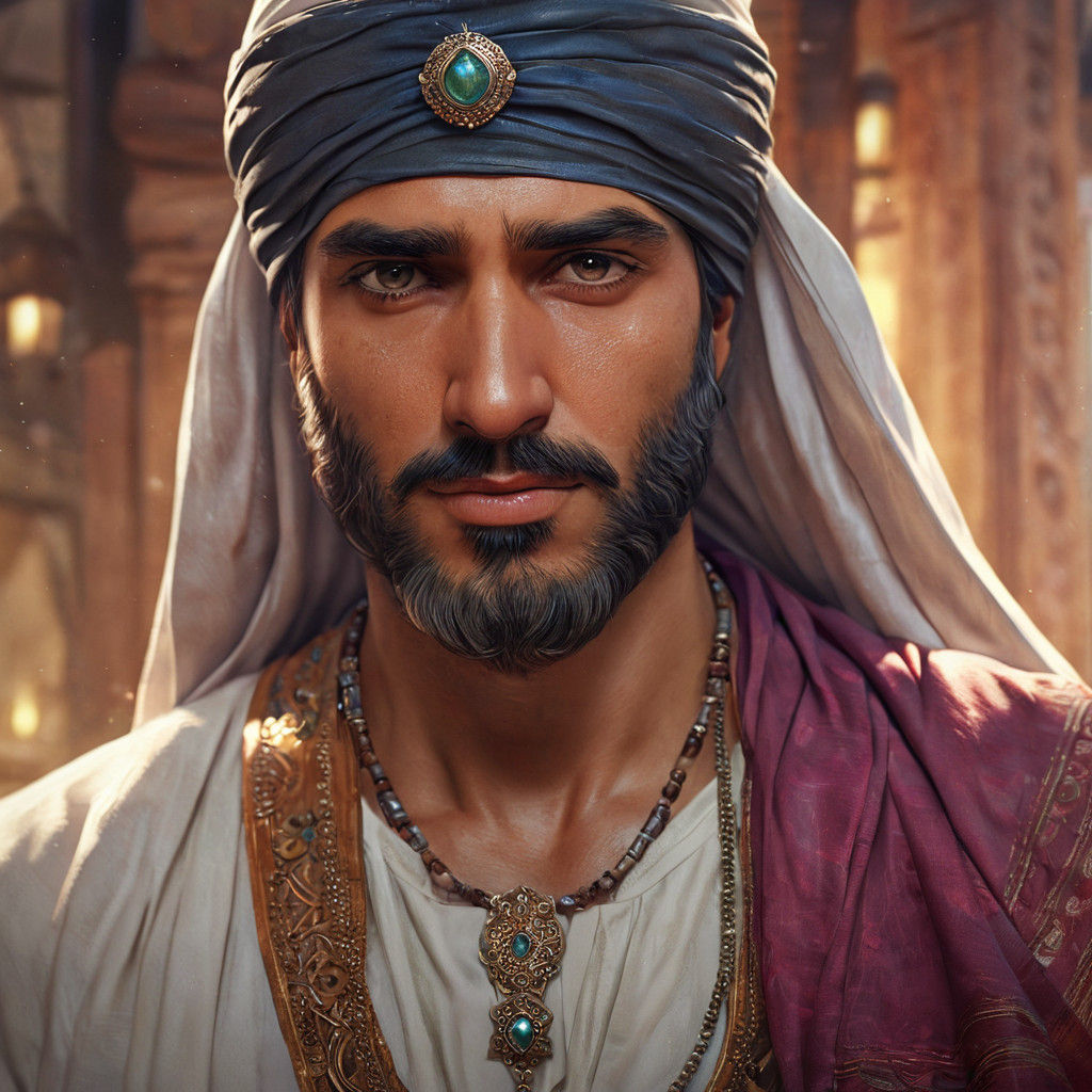 Majestic Middle Eastern Noble in a Vibrant Turban Portrait,...