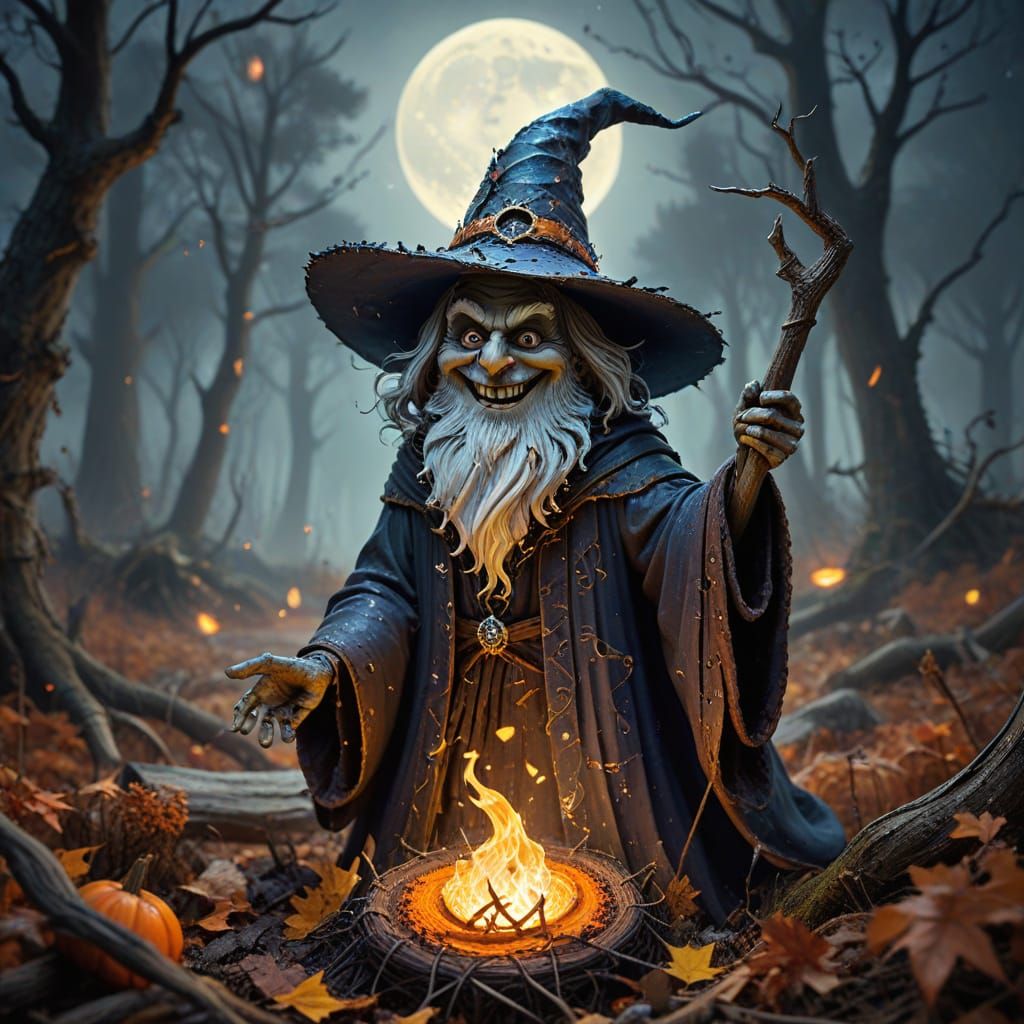 Mischievous Wizard Conjures Autumn Vortex in Ancient Forest