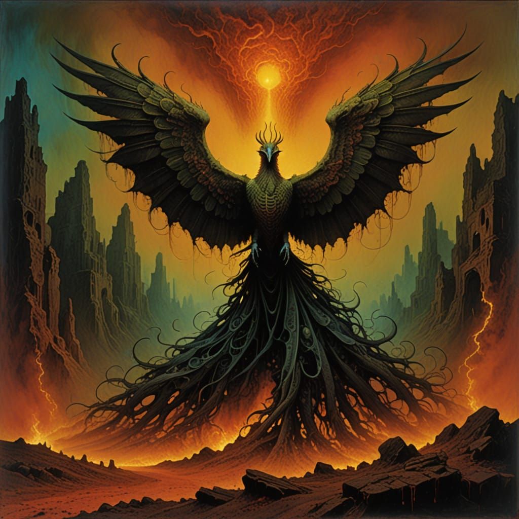 Fiery Phoenix Rises from Volcanic Ruins in a Blazing Explosi...
