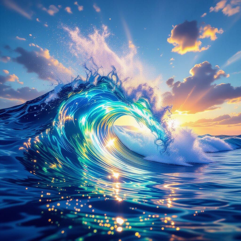 Vivid Cosmic Ocean Wave with Rainbow Reflections