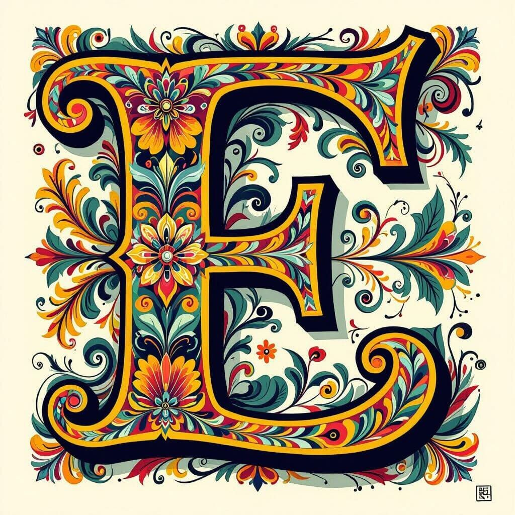 Joyful Letter E with Swirling Patterns and Vibrant Colors