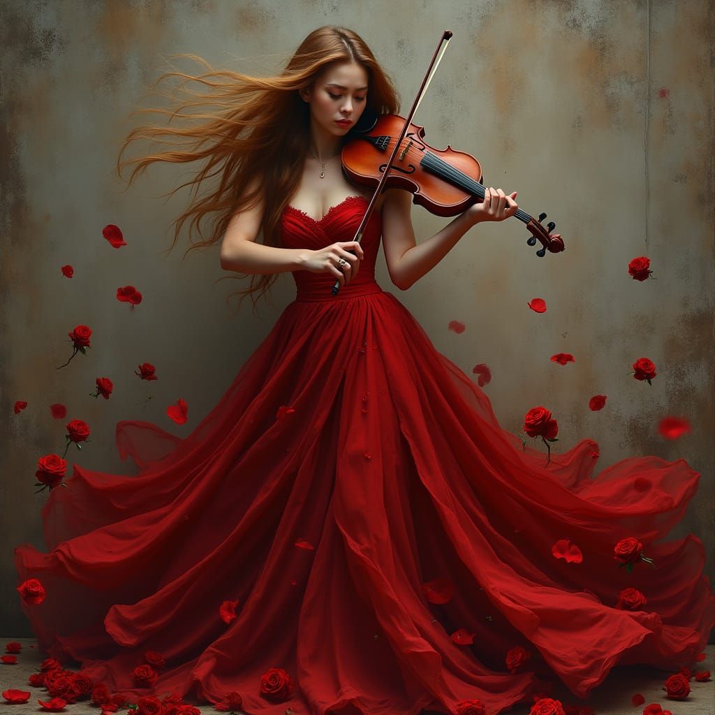 Sorrowful Violinist in Crimson Rose Petal Gown