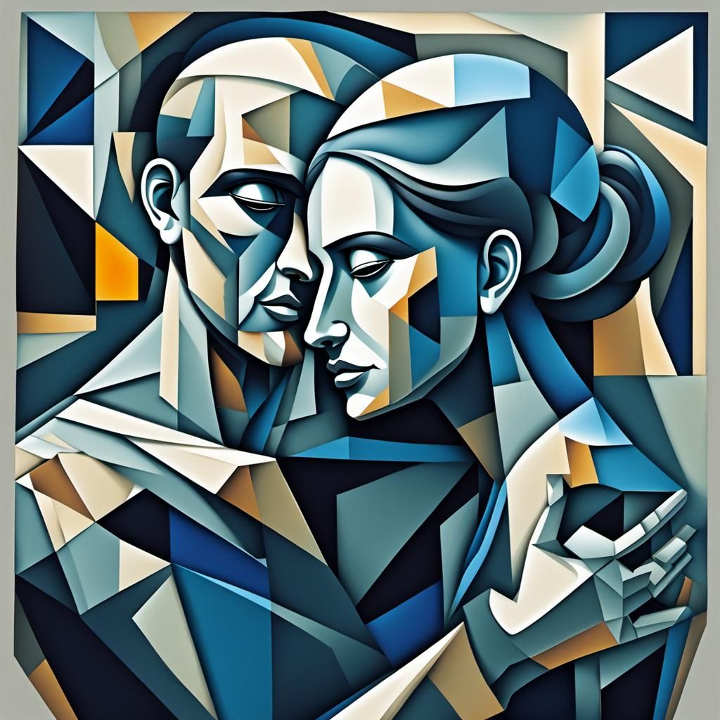 Cubist Couple Embrace: Cel-Shaded Digital Art