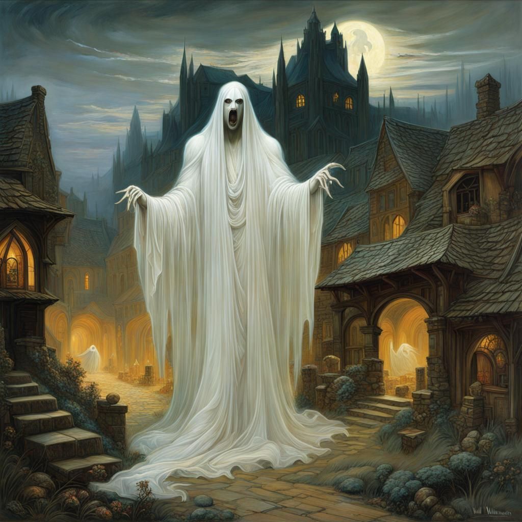 Enormous Ghost Looms Over Village in Fantasy Art