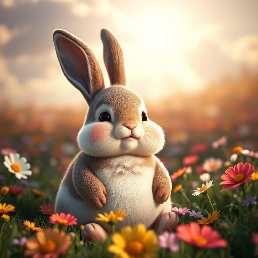 Swept Away in a Warm Meadow Paradise, a Plump Bunny at Peace