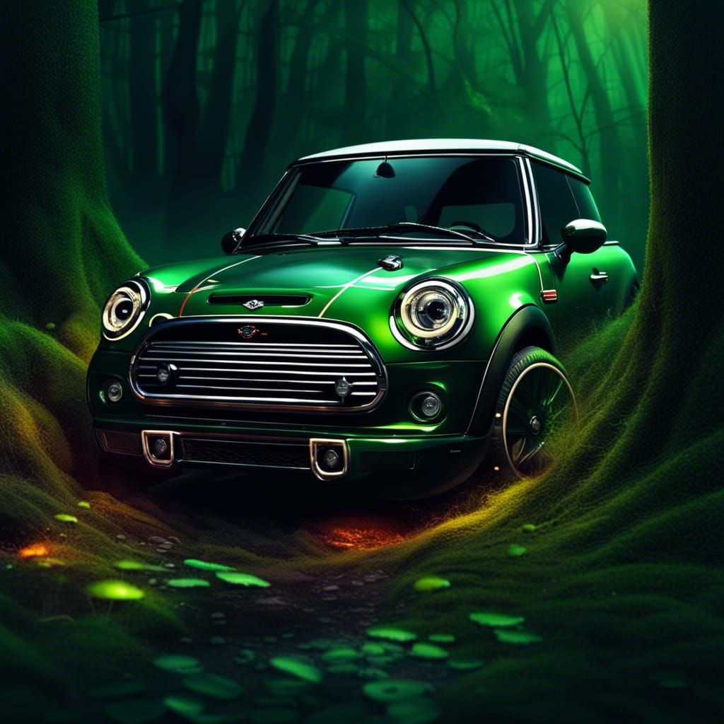 Green Mini Cooper in Mystical Forest