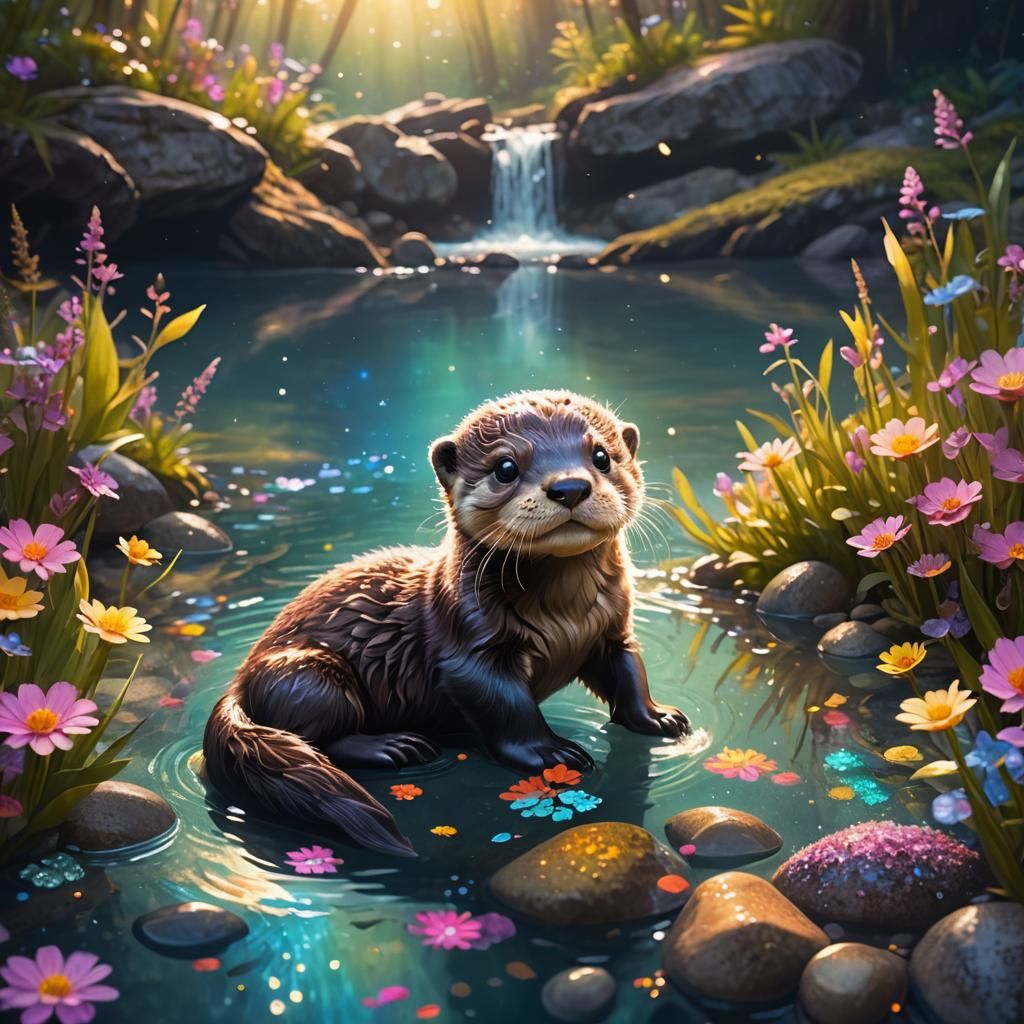 Enchanted River Otter in a Pastel Fantasy Landscape