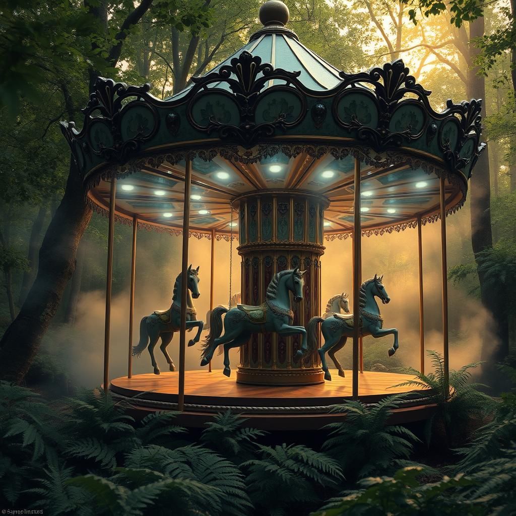 Enchanted Carousel in Forest, Kinkade and Froud Style