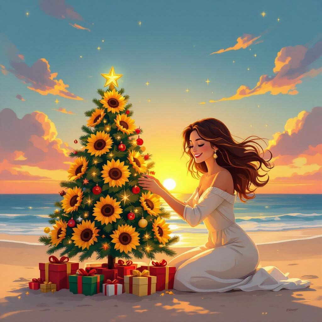 Woman Decorates Beach Christmas Tree at Sunset