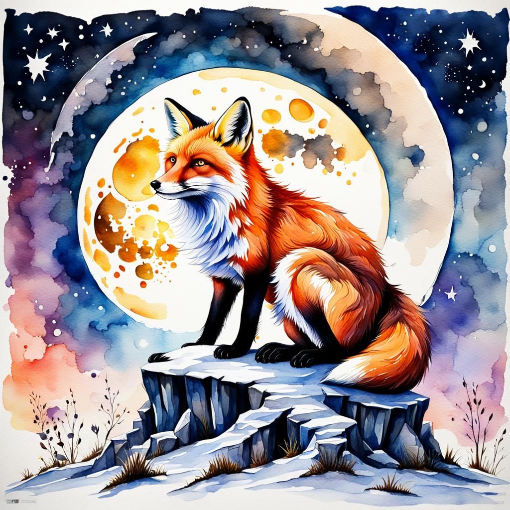 Fox on the Moon: Watercolor Splash Art