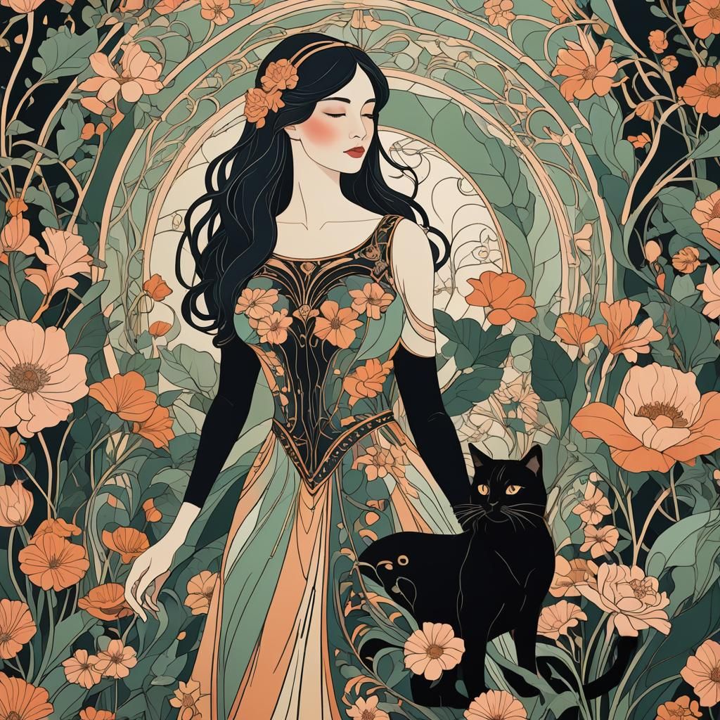 Elegant Girl and Black Cat in Art Nouveau Style