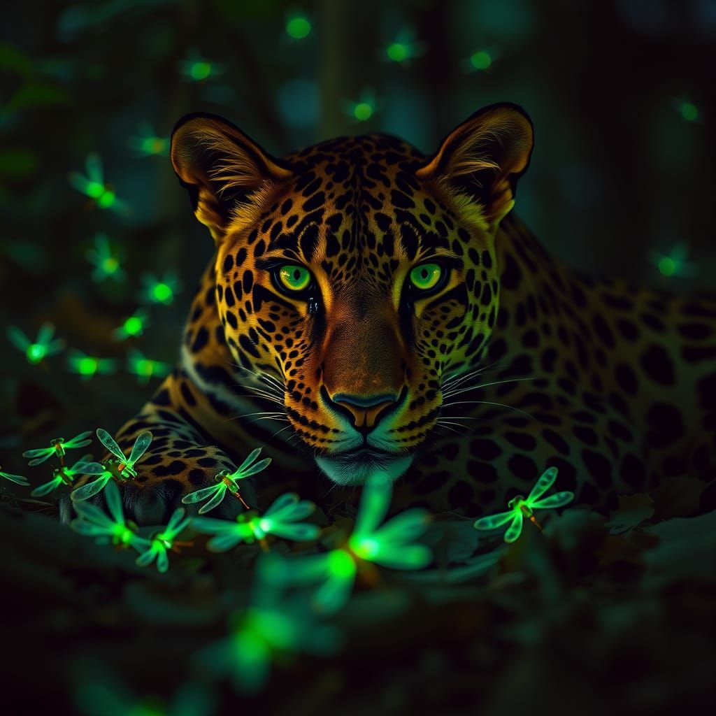 Leopard Hunt in Mystic Forest with Bioluminescent Dragonflie...