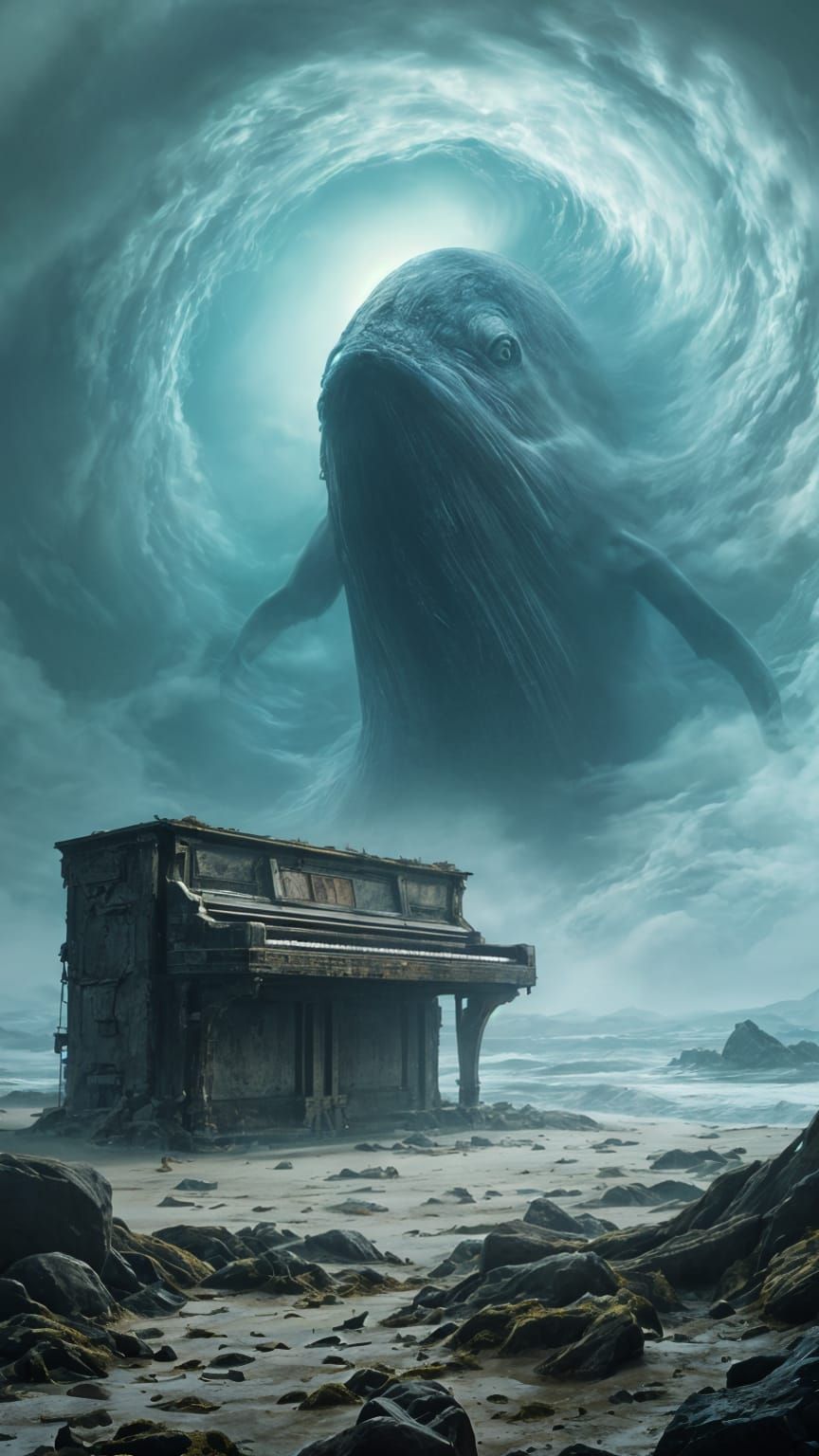 Apocalyptic Beach Piano with Moon Whale, Digital Art
