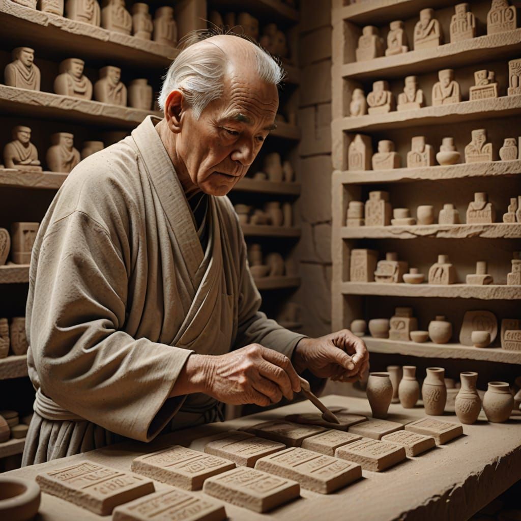 Clay Art: Elderly Man with Cuneiform Tablets