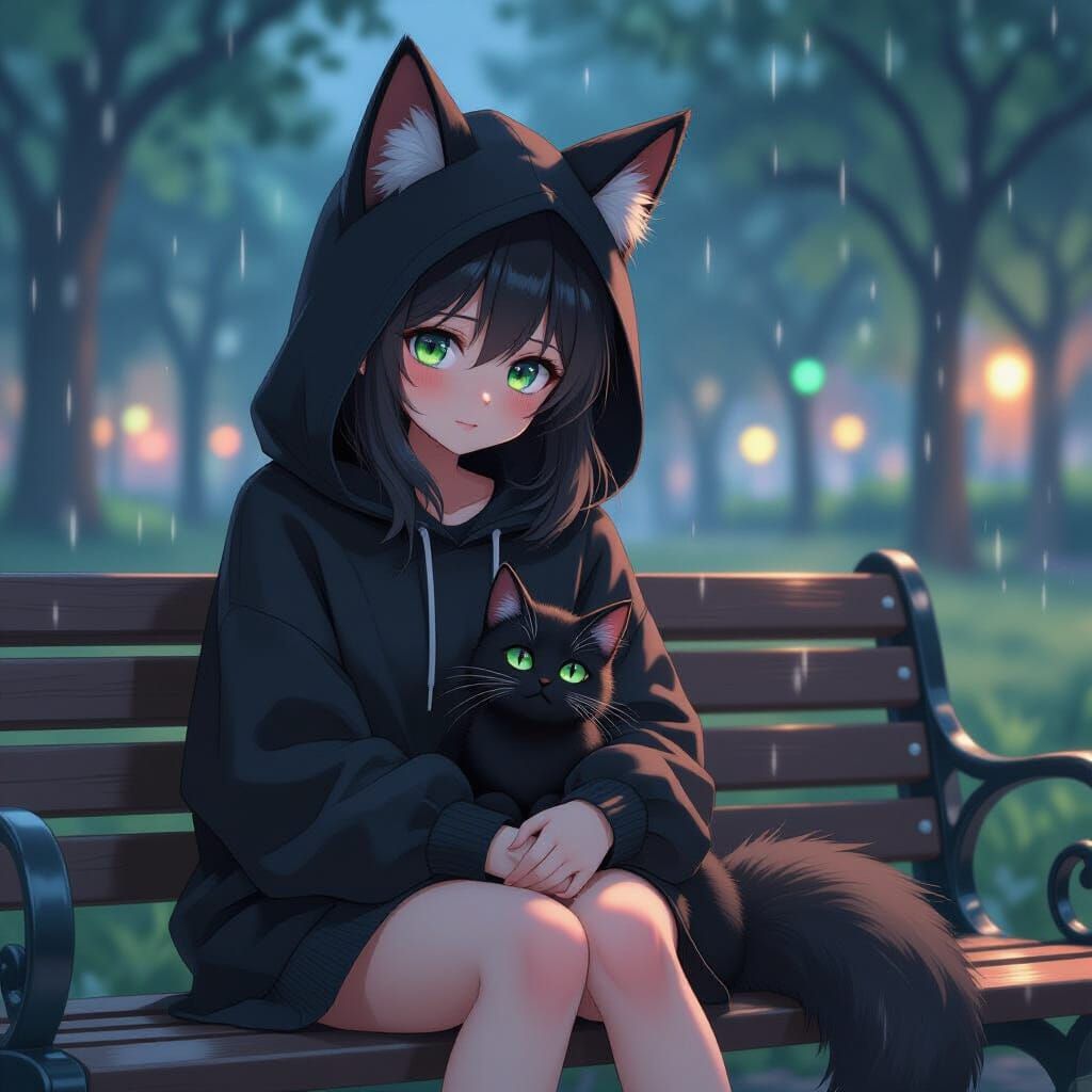 Anime Fox Girl with Cat in Twilight Rain