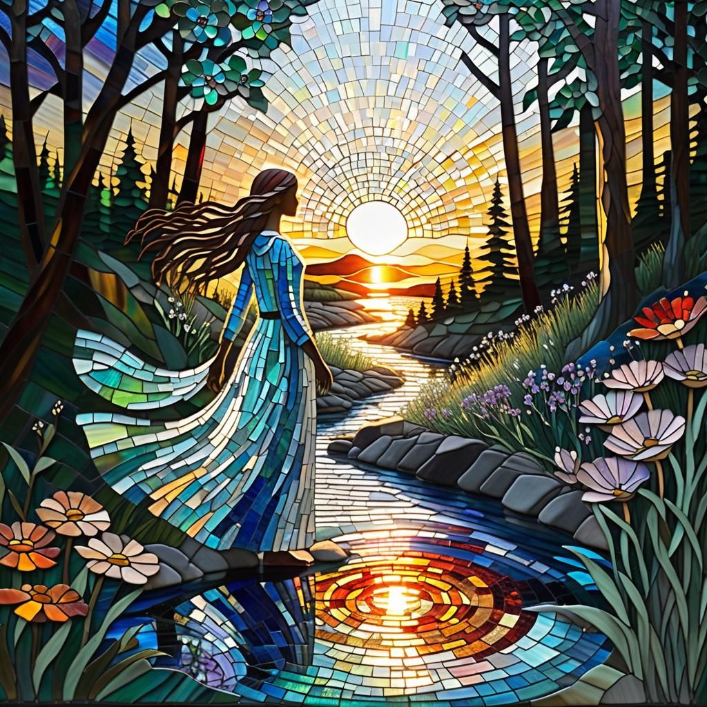 Stained Glass Mosaic, sunrise, river, ethereal, woman, forest, flowers, iridescent,