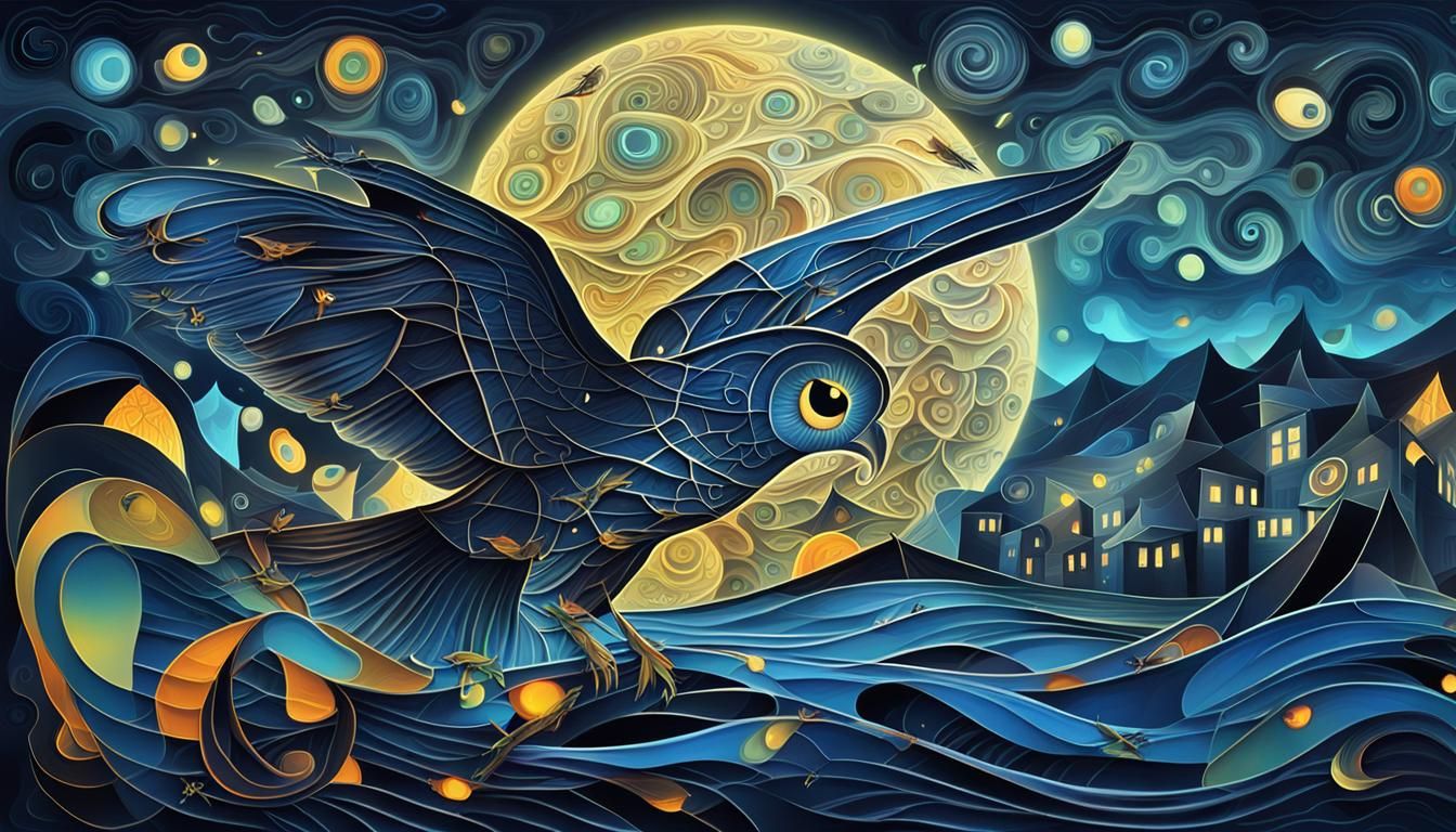 Bioluminescent Night: Cubist Expression with Owl and Insects