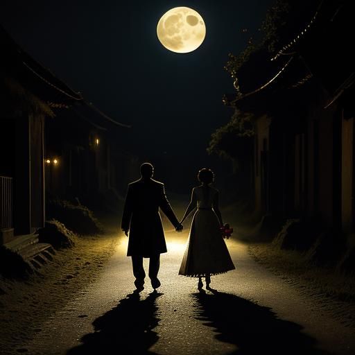 Couple Walking on Moonlit Road with Flowers