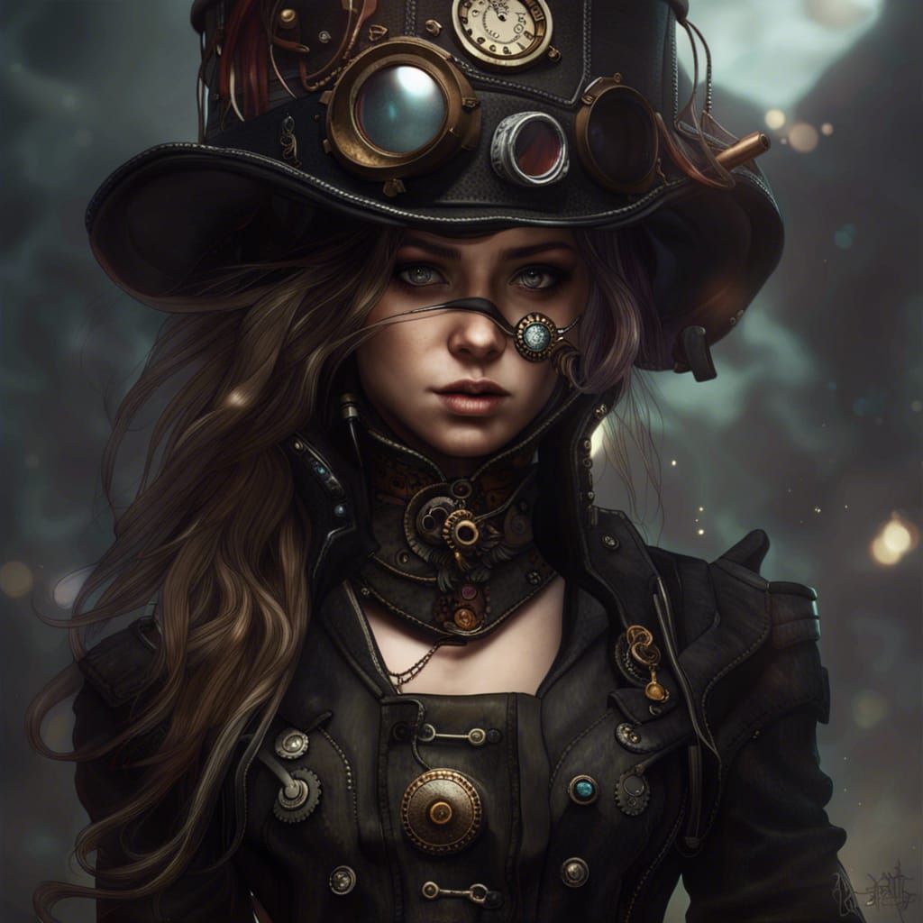 Girl in Dark Steampunk Outfit in Apocalyptic Scene